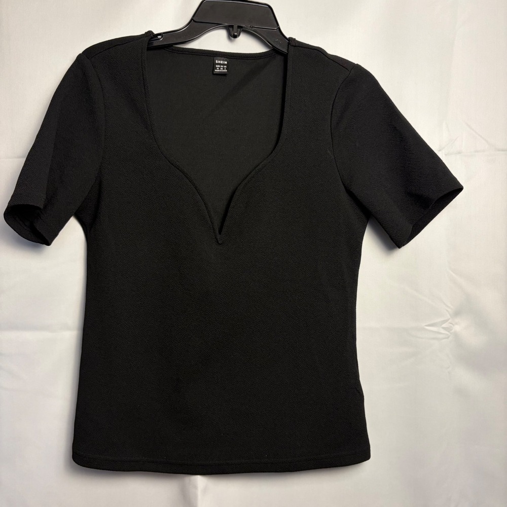 SHEIN Black Notched Sweetheart Neck Short Sleeve Textured Top Size M 6